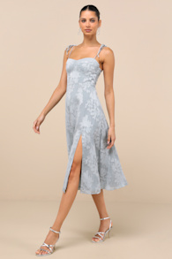 Loveliest Looks Dusty Blue Floral Jacquard Tie-Strap Midi Dress 10