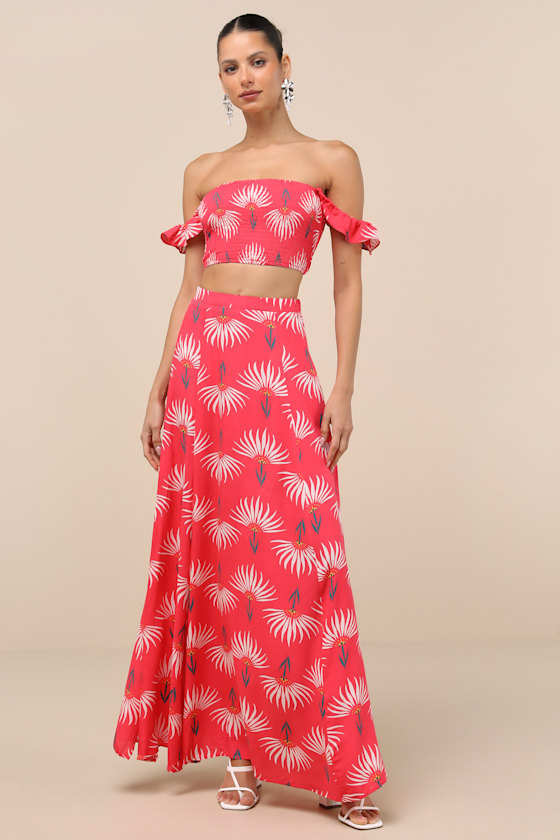 Coral Smocked Dress - Floral Print Dress - Two-Piece Maxi
