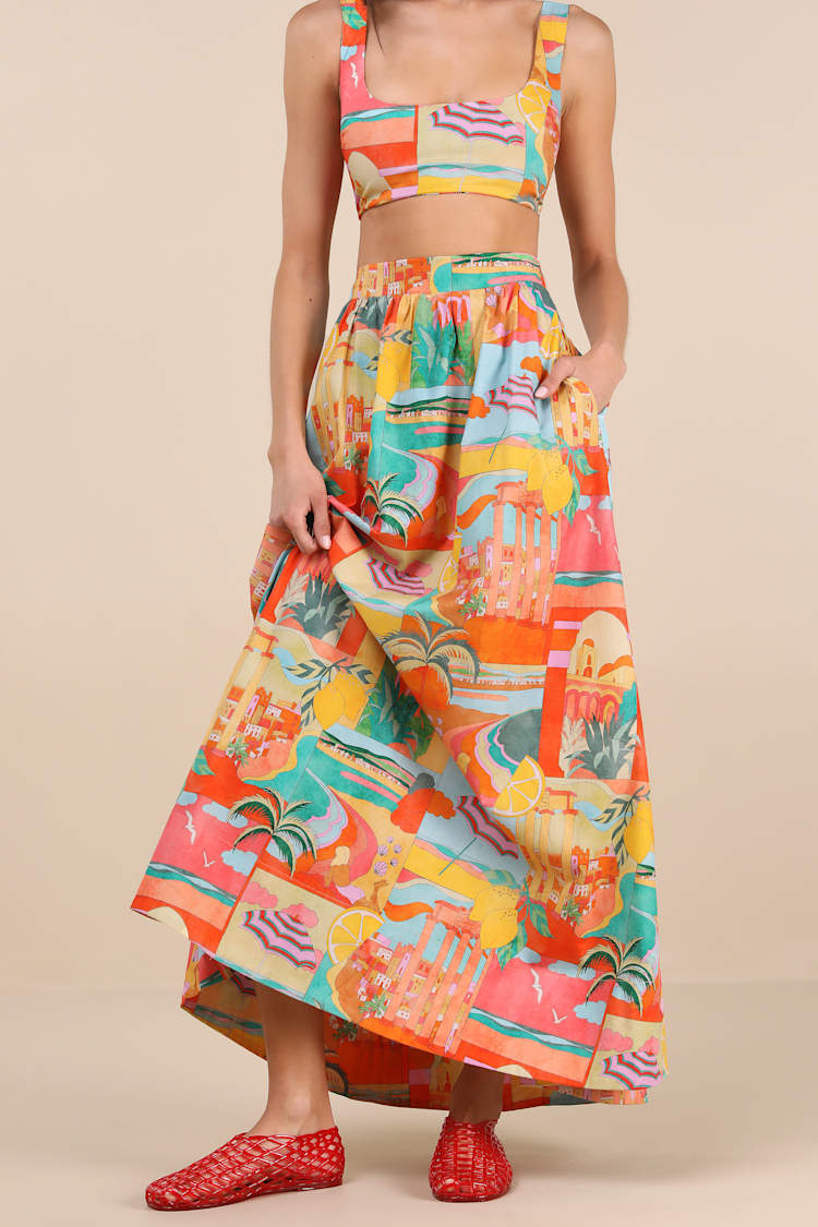 Pisa Multi Print High-Rise Maxi Skirt