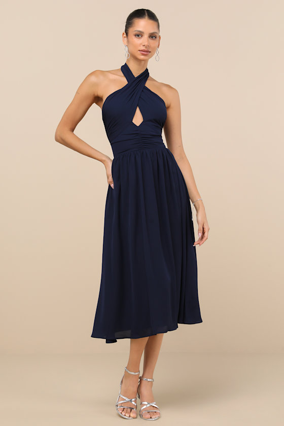 LULUS EMRAH NAVY CROSS-FRONT CUTOUT HALTER MIDI DRESS