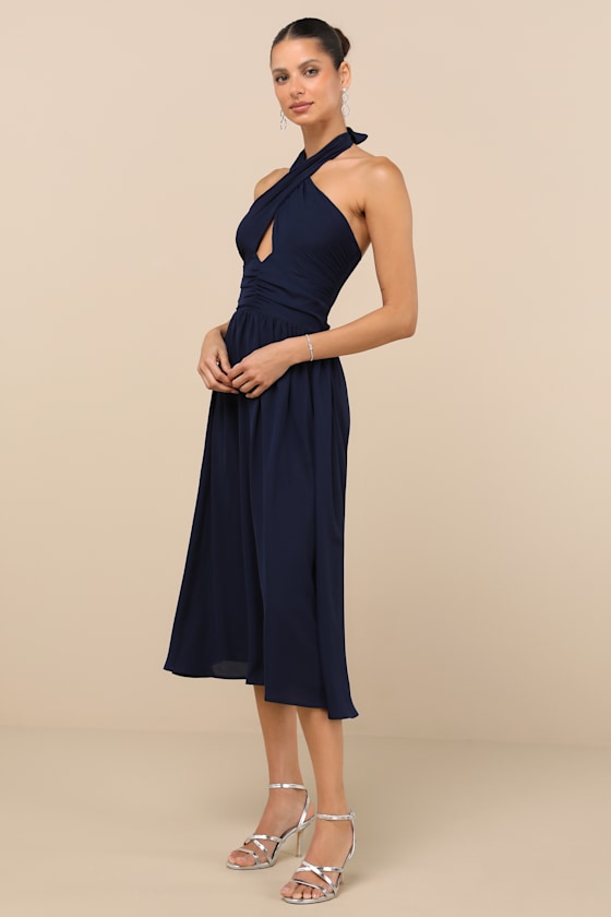 LULUS EMRAH NAVY CROSS-FRONT CUTOUT HALTER MIDI DRESS