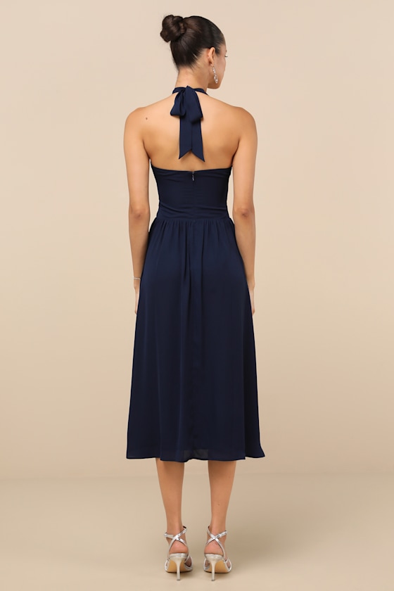 LULUS EMRAH NAVY CROSS-FRONT CUTOUT HALTER MIDI DRESS