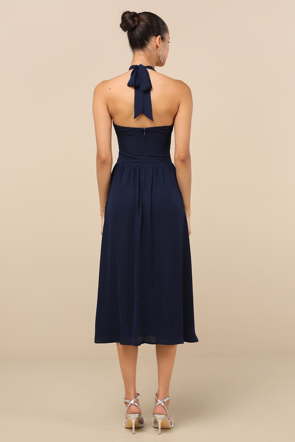 Emrah Navy Cross-Front Cutout Halter Midi Dress