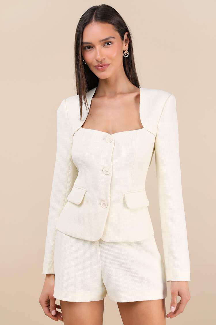 Hulda Ivory Textured Button-Front Long Sleeve Blazer