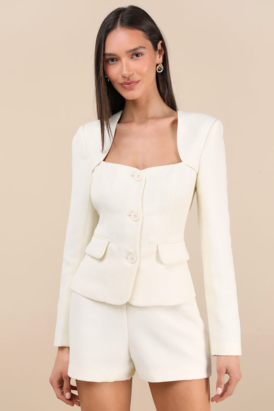 Hulda Ivory Textured Button-Front Long Sleeve Blazer 1