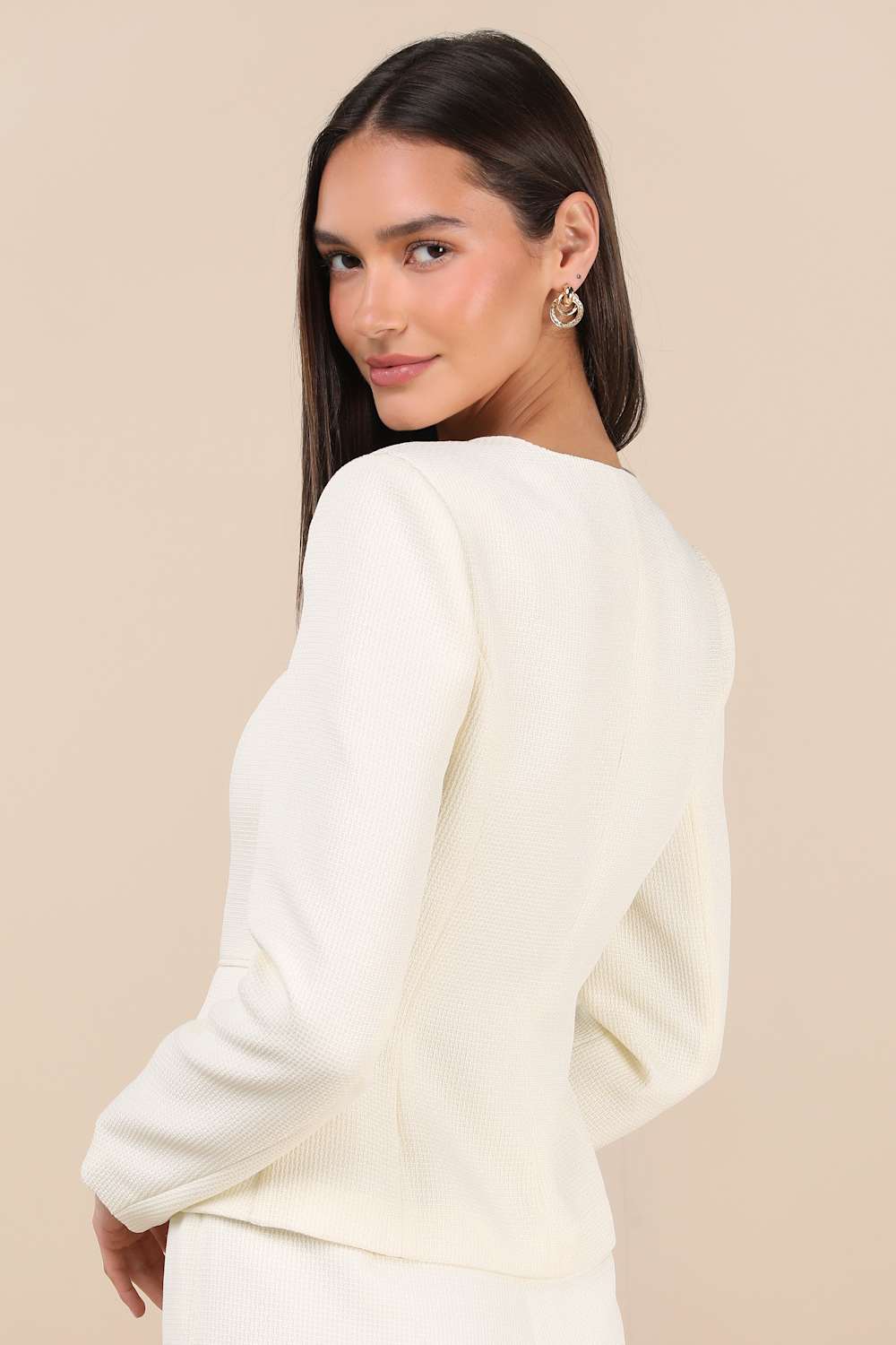Hulda Ivory Textured Button-Front Long Sleeve Blazer