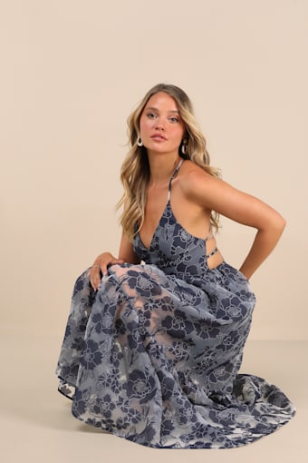 Feeling Like Forever Navy Jacquard Organza Lace-Up Midi Dress 2