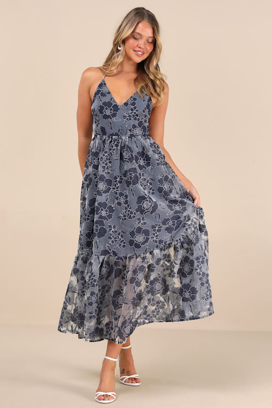Lulus Feeling Like Forever Navy Jacquard Organza Lace-up Midi Dress In Navy