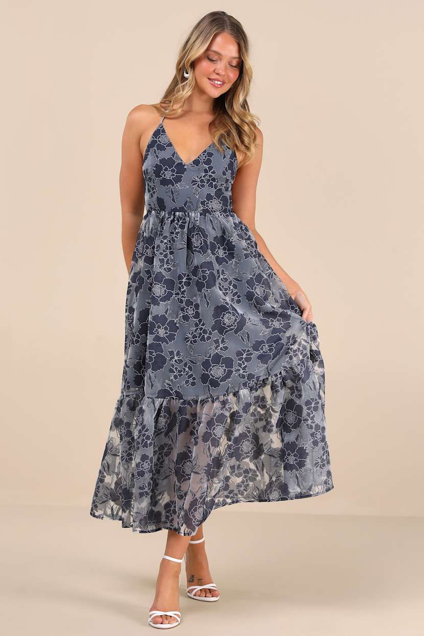 Feeling Like Forever Navy Jacquard Organza Lace-Up Midi Dress