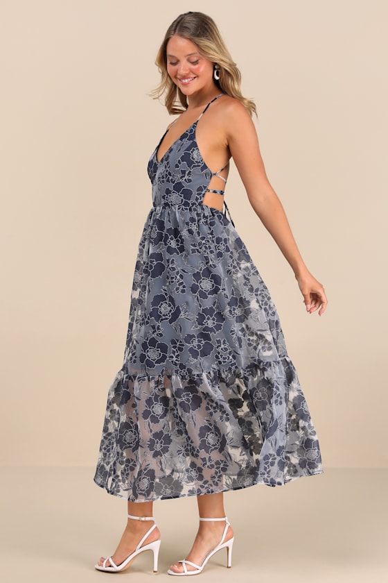 Lulus Feeling Like Forever Navy Jacquard Organza Lace-up Midi Dress In Navy