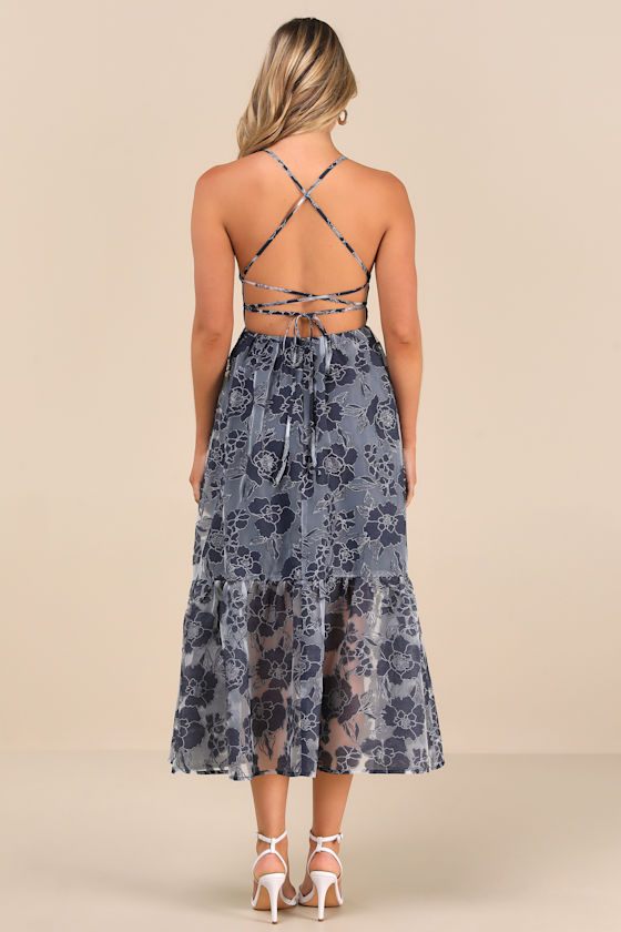 Lulus Feeling Like Forever Navy Jacquard Organza Lace-up Midi Dress In Navy