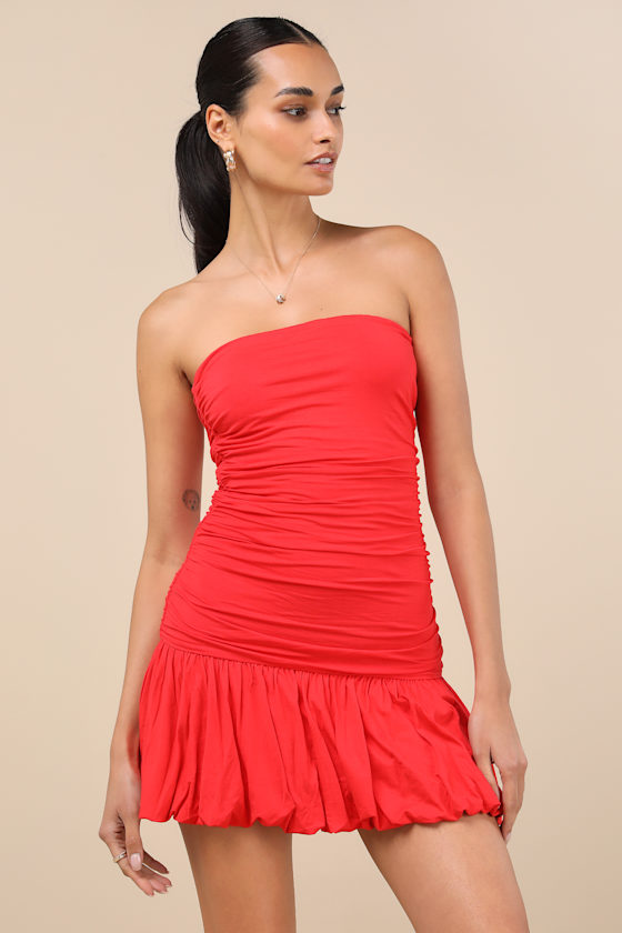 Lulus Calix Red Orange Strapless Ruched Bubble-hem Mini Dress