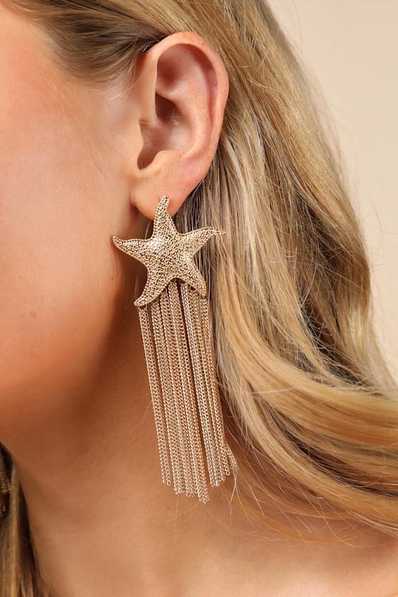 Nereus Gold Starfish Fringe Statement Earrings 1