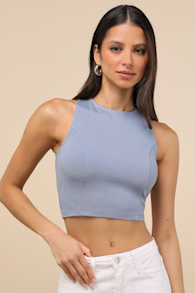 Let's Tie It Slate Blue Tie-Back Cropped Tank Top 1