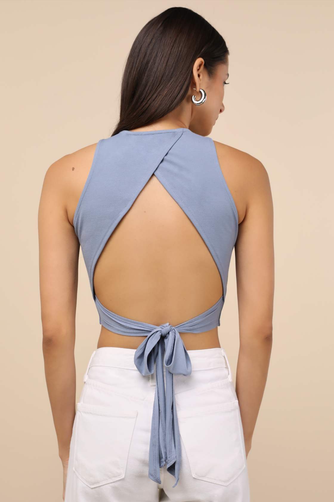 Let's Tie It Slate Blue Tie-Back Cropped Tank Top
