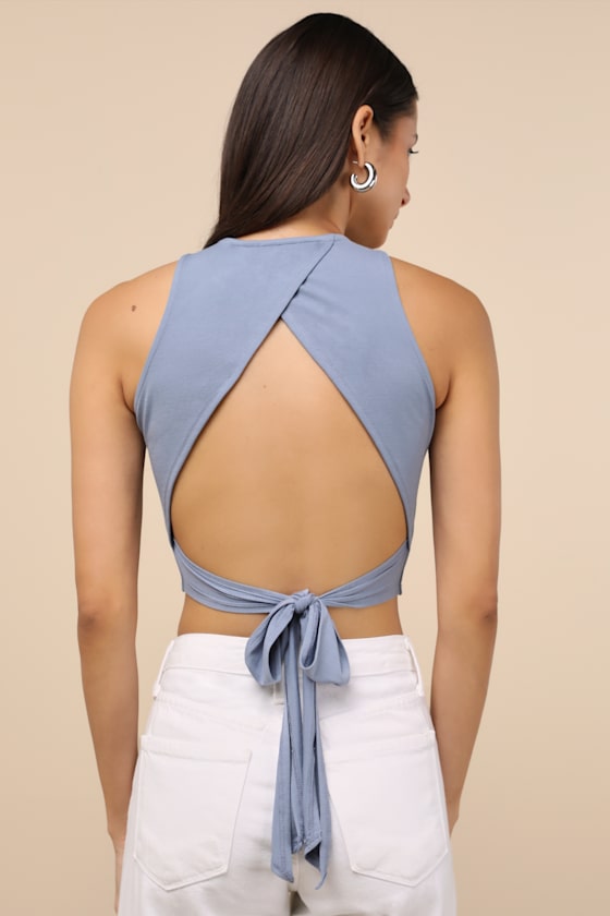 Let's Tie It Slate Blue Tie-Back Cropped Tank Top 2