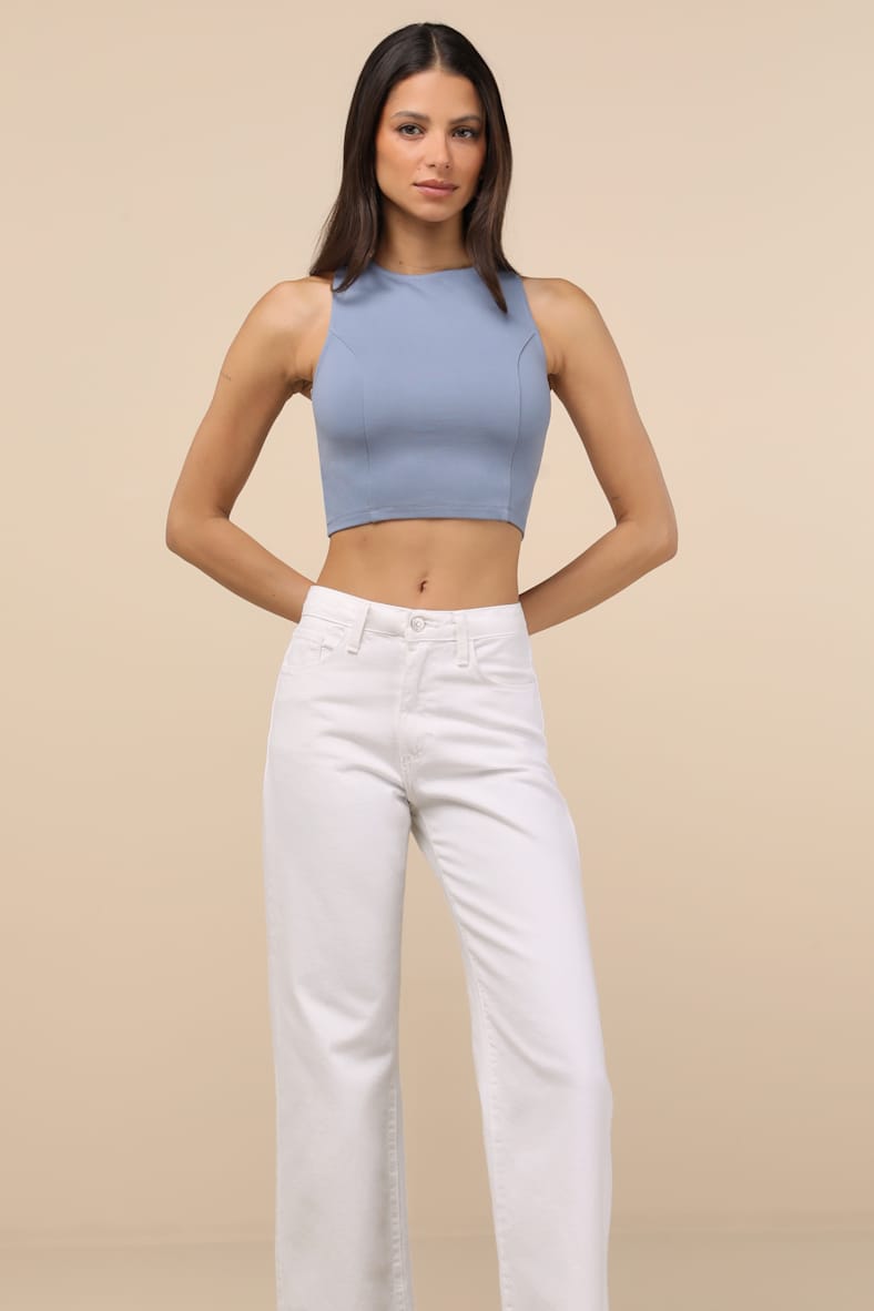 Let's Tie It Slate Blue Tie-Back Cropped Tank Top