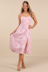 Loveliest Looks Blush Pink Floral Jacquard Tie-Strap Midi Dress