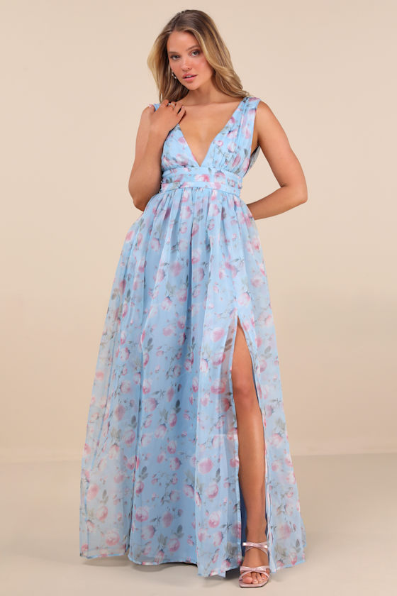 Garden Romance Light Blue Floral Print Organza Maxi Dress