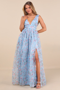 Garden Romance Light Blue Floral Print Organza Maxi Dress 8