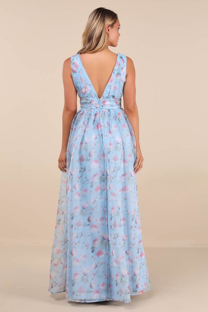 Garden Romance Light Blue Floral Print Organza Maxi Dress