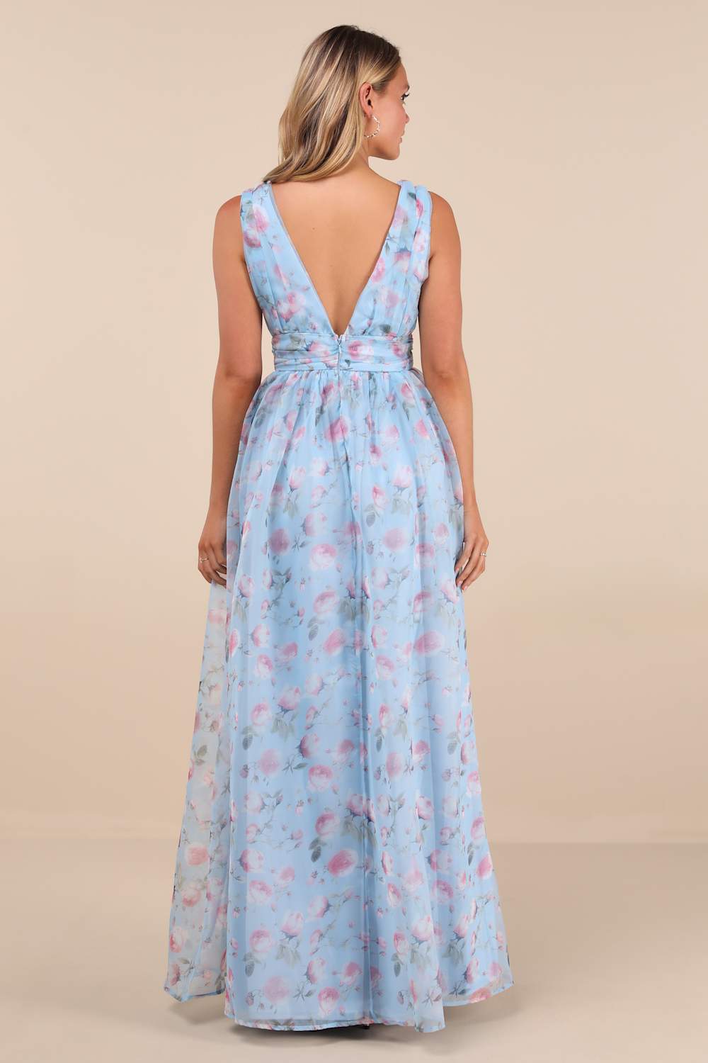 Garden Romance Light Blue Floral Print Organza Maxi Dress
