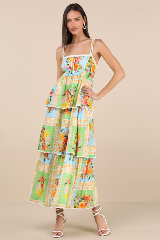 Show Me Your Mumu Peyton Green And Blue Floral Tiered Midi Dress In Green