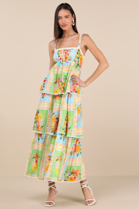 Peyton Green and Blue Floral Tiered Midi Dress 1