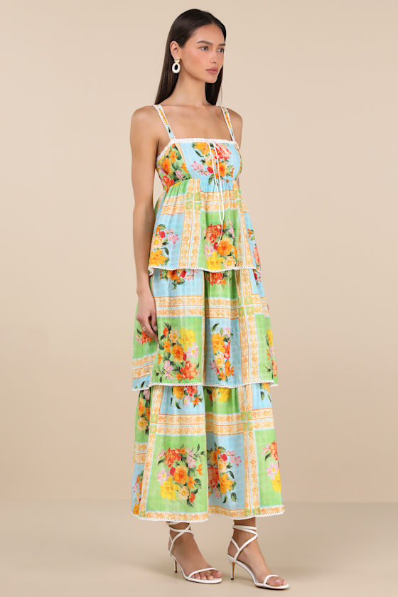 Show Me Your Mumu Peyton Green And Blue Floral Tiered Midi Dress In Green