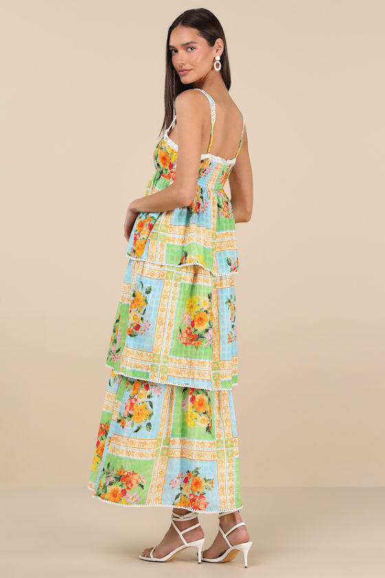 Show Me Your Mumu Peyton Green And Blue Floral Tiered Midi Dress In Green