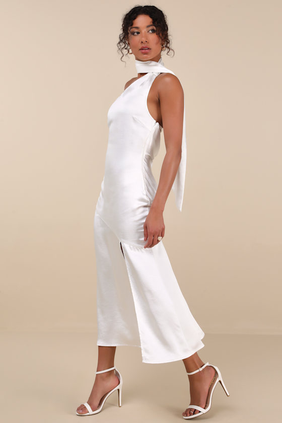 Lulus Reglan White Satin One-shoulder Sash Midi Dress In Black