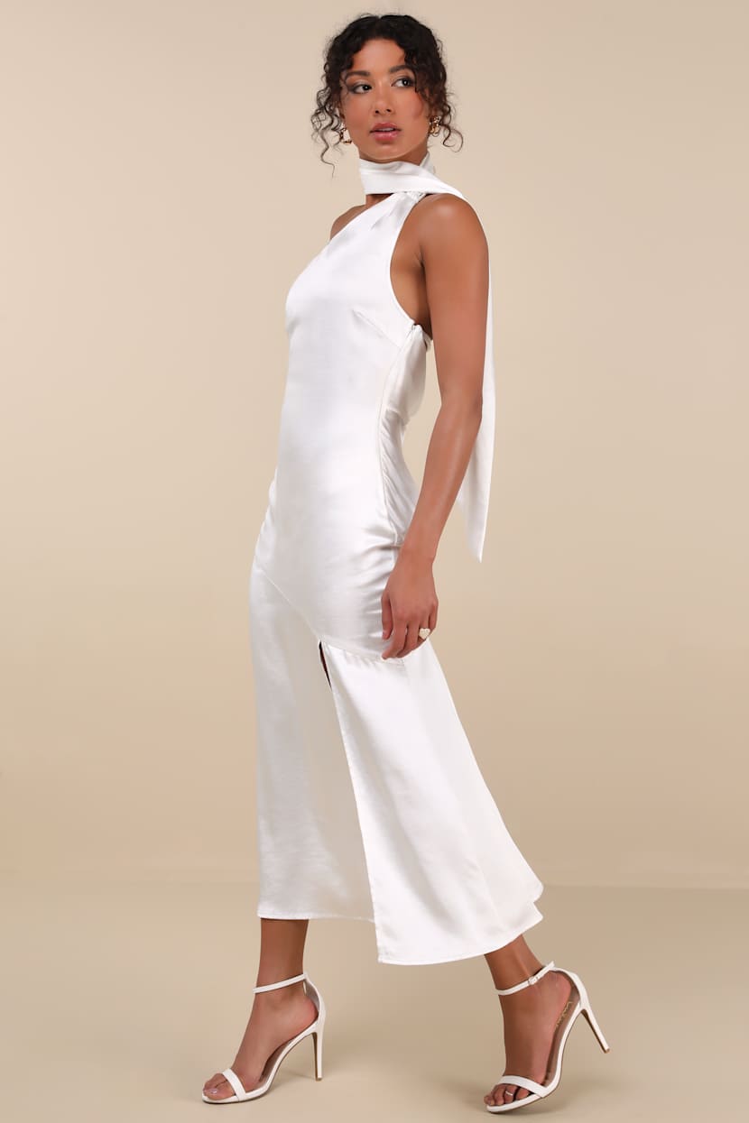 knee length dresses for ladies Arrabel Tiered Ruffle Asymmetric Midi Dress White– Selfie Leslie main image 0