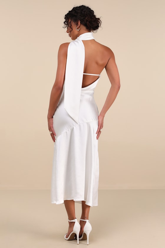 Reglan White Satin One-Shoulder Sash Midi Dress 5