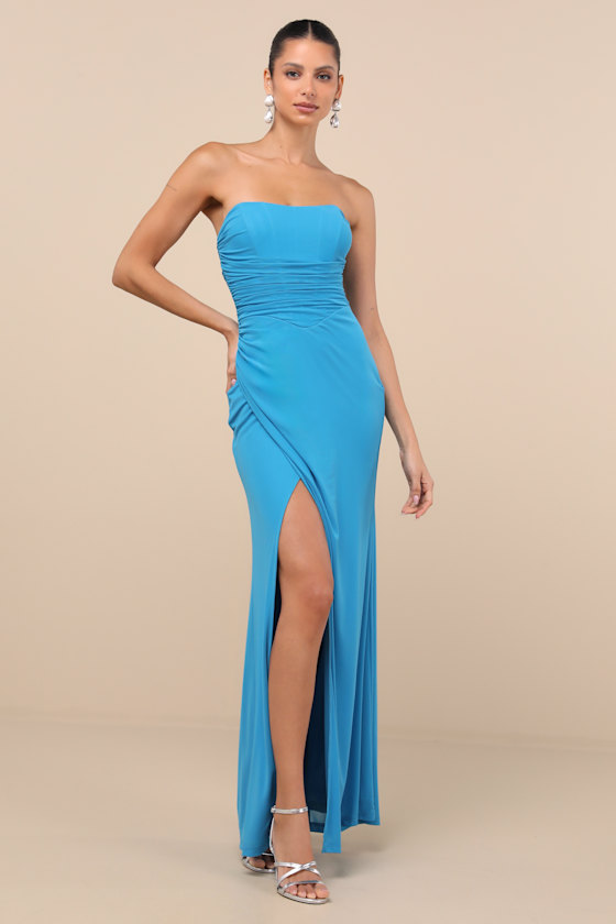 Epitome of Allure Bright Blue Mesh Strapless Ruched Maxi Dress 1