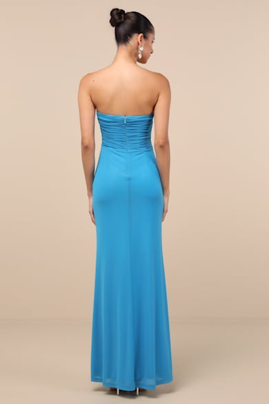 blue basque waist dress The Dreamers Ruched Basque Waist Maxi Dress Blue