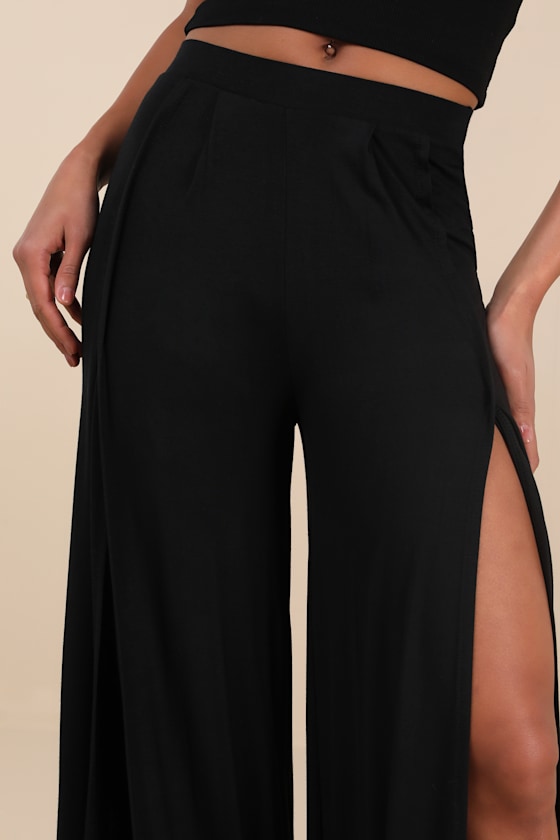 Knockout Black Knit Wide-Leg Slit-Front Pants - thumbnail 4