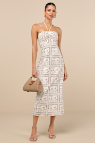 Asiya Beige Stamp Print Halter Midi Dress 2