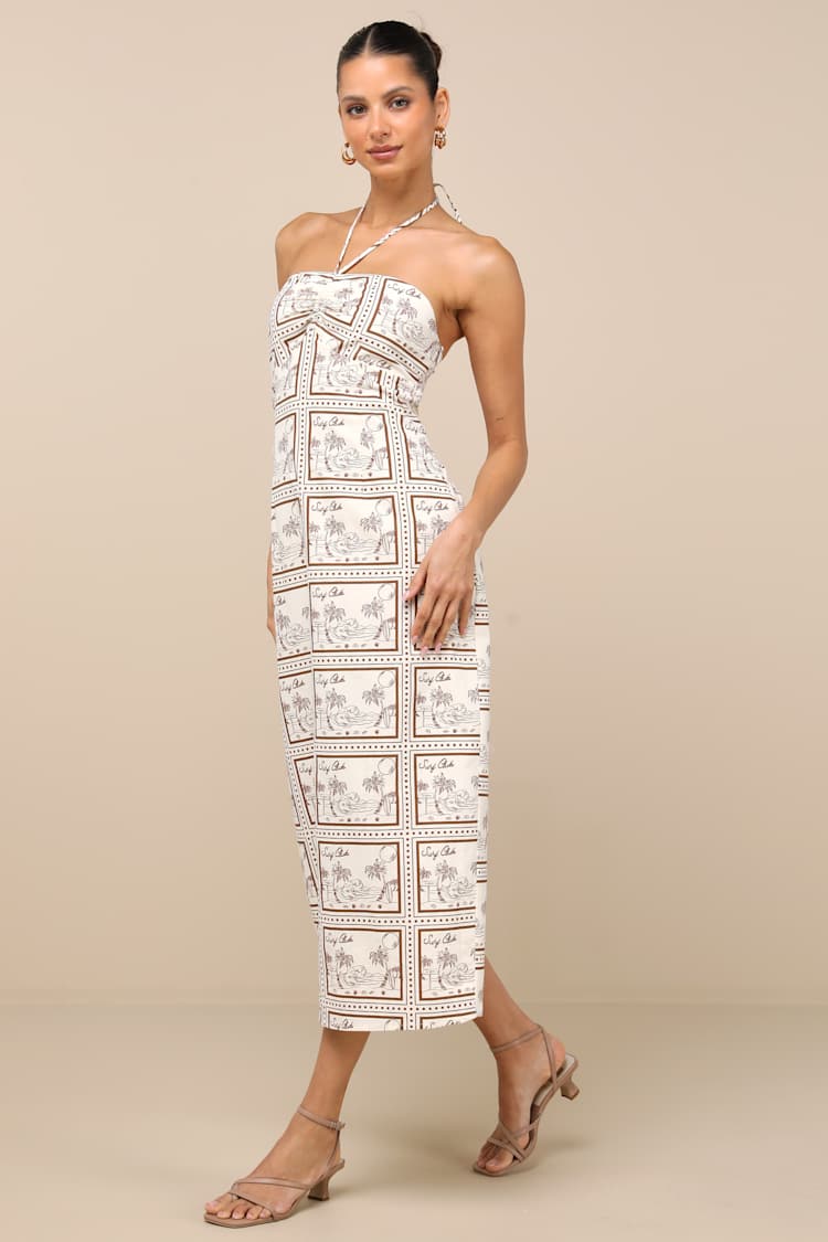 Lulus | Beige Stamp Print Halter Midi Dress | Womens | X-Large | 100% Cotton