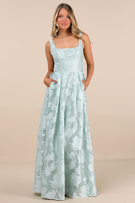 Perfected Aura Sage Jacquard Tie-Back Maxi Dress with Pockets