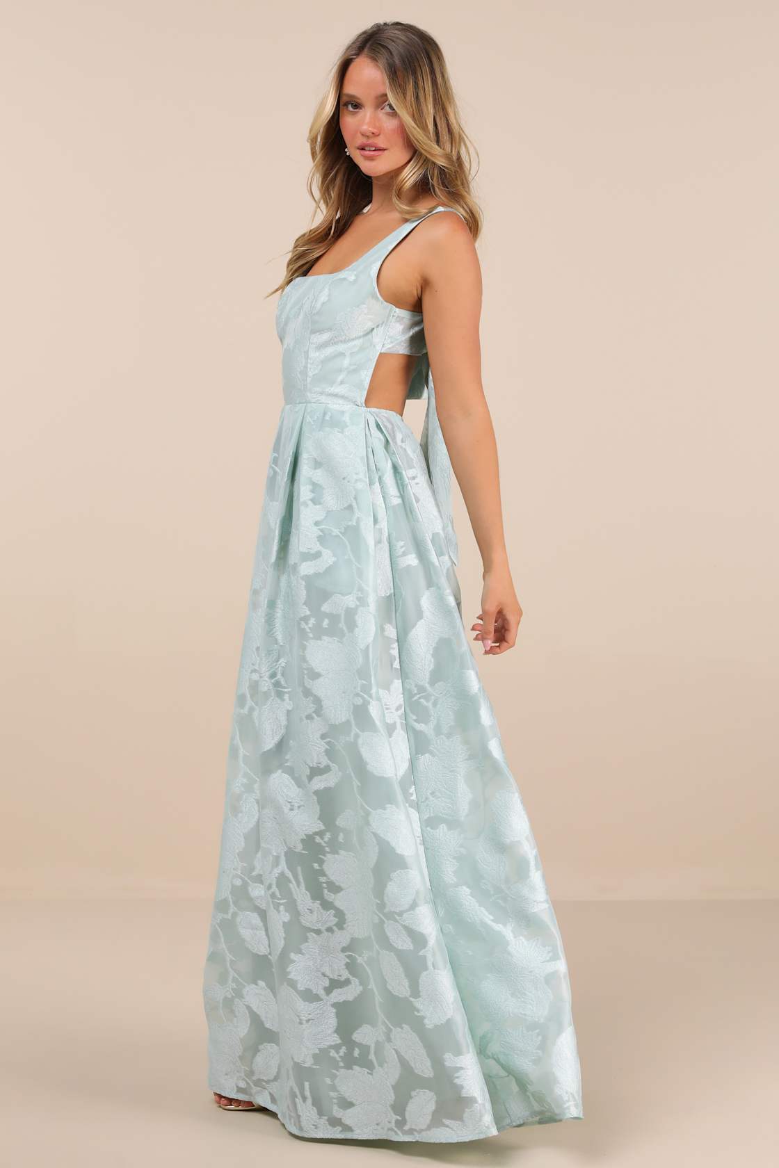 Perfected Aura Sage Jacquard Tie-Back Maxi Dress with Pockets