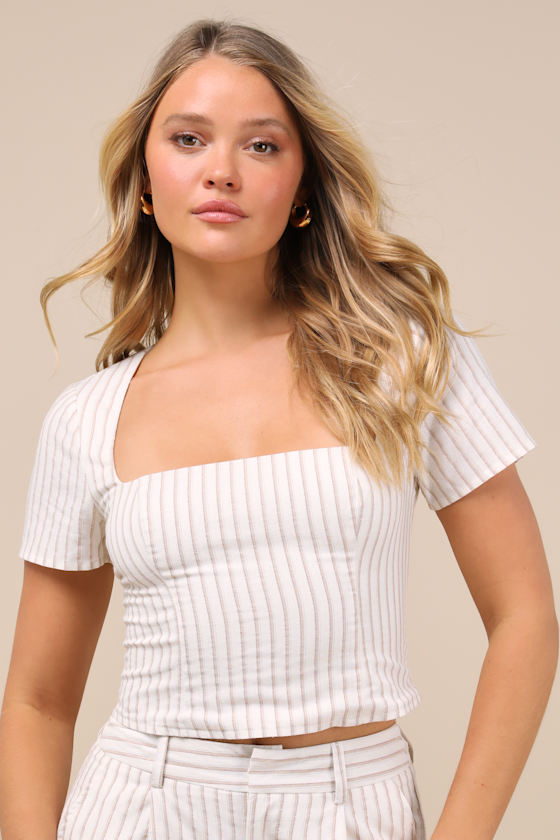 Lulus Danai Ivory And Beige Striped Short Sleeve Crop Top In Animal Print