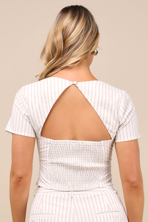 Lulus Danai Ivory And Beige Striped Short Sleeve Crop Top In Animal Print