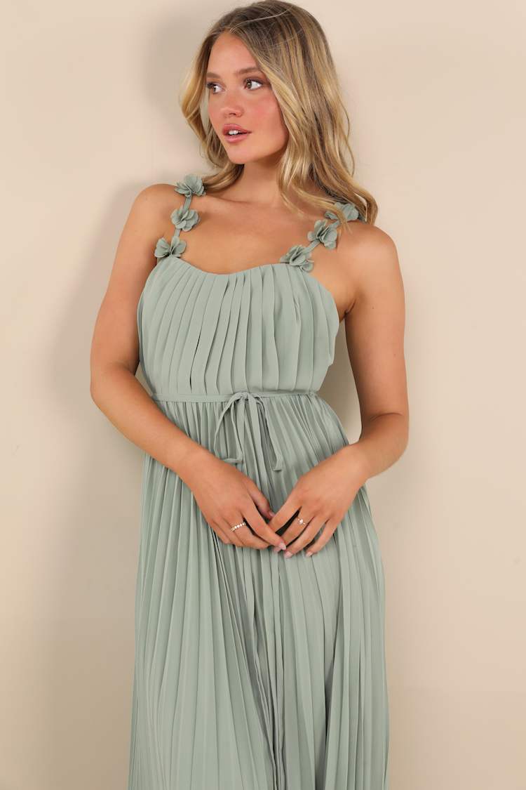 Hera Sage Pleated Floral Applique Maxi Dress