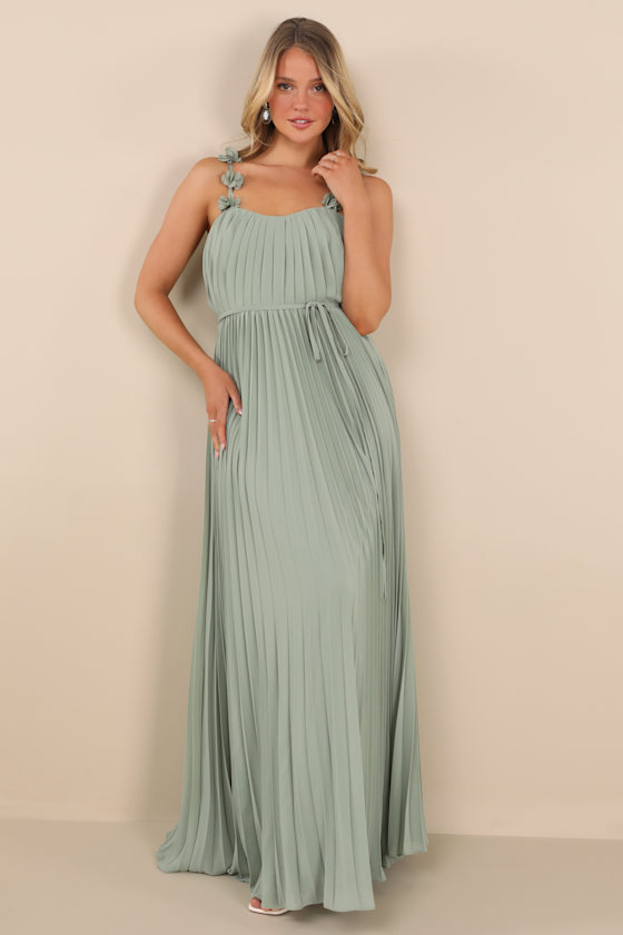 Hera Sage Pleated Floral Applique Maxi Dress 2