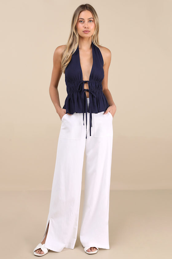 Lulus Adelita Navy Tie-front Halter Peplum Top