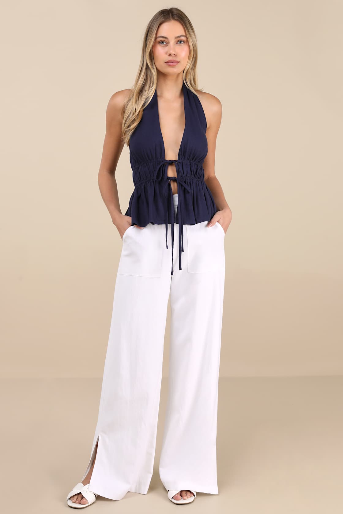 Adelita Navy Tie-Front Halter Peplum Top