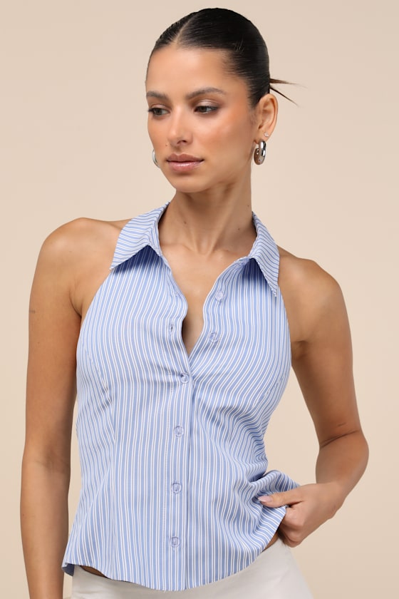 Lulus Giosetta Blue Pinstriped Button-front Halter Top In Blue