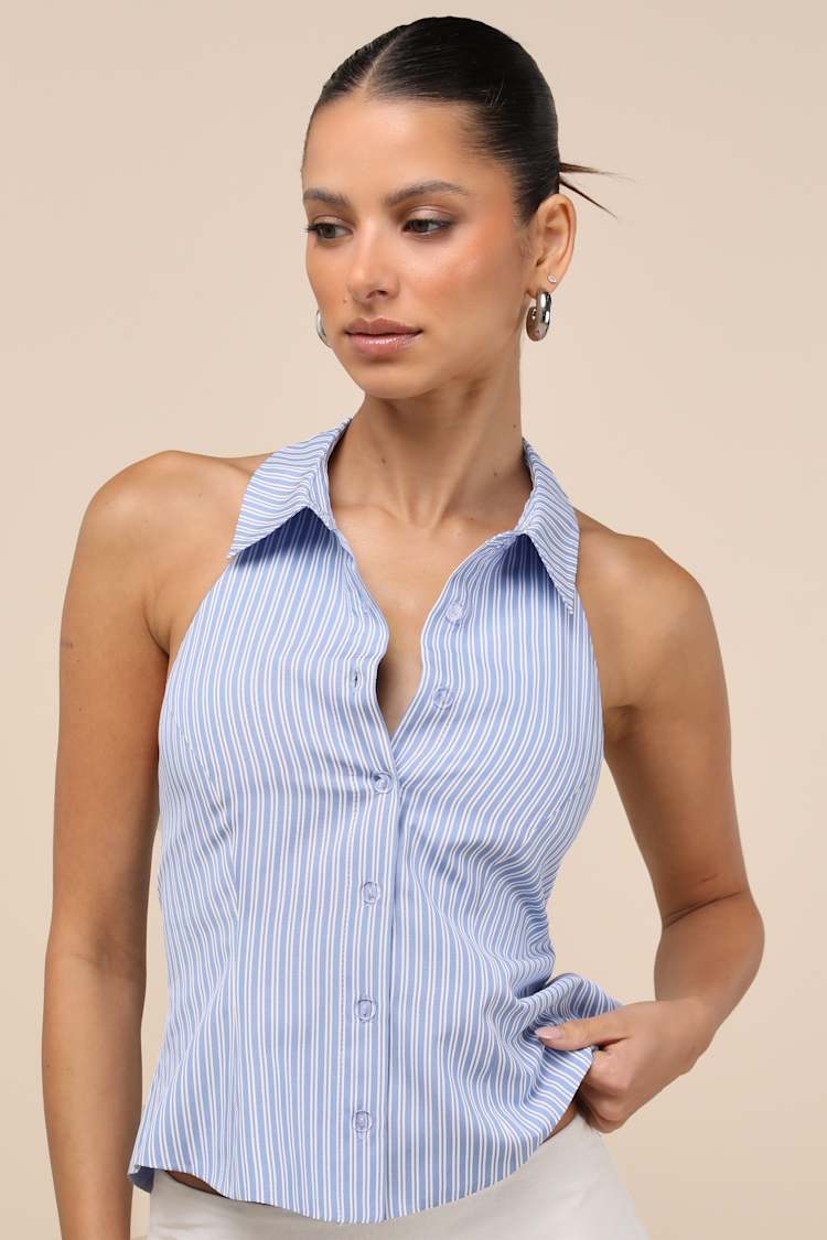 Giosetta Blue Pinstriped Button-Front Halter Top