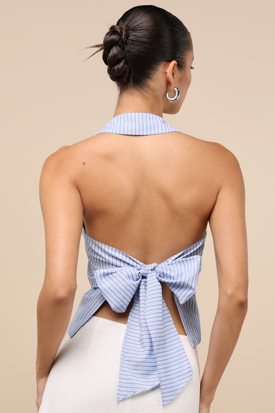 Lulus Giosetta Blue Pinstriped Button-front Halter Top In Blue