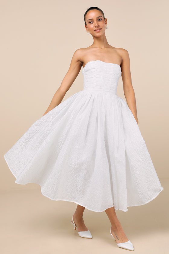 White Jacquard Dress - Lace-Up A-Line Dress - Strapless White Jacquard Dress - Lace-Up A-Line Dress - Strapless